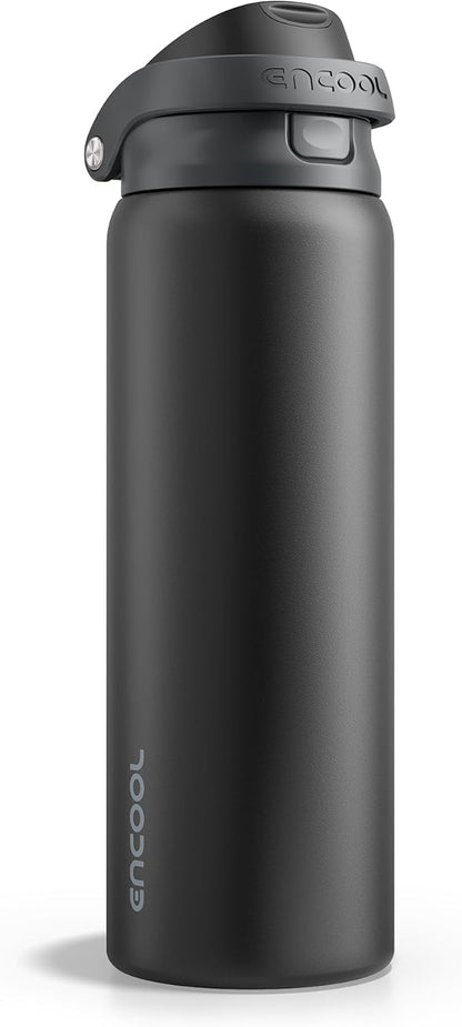 ENCOOL Leakproof Insulated Water Bottle with Straw Dual-Sip Water Bottle Bag-Safe Design for Work, Commute & Gym – Keeps Drinks Cold All Day, 24 oz, Jet Black