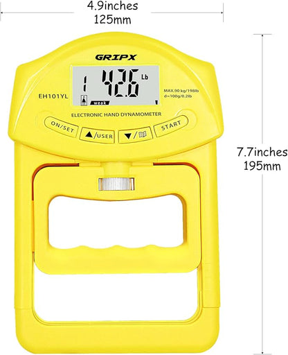 GRIPX Digital Hand Dynamometer Grip Strength Measurement Meter Auto Capturing Electronic Hand Grip Power 198Lbs / 90Kgs