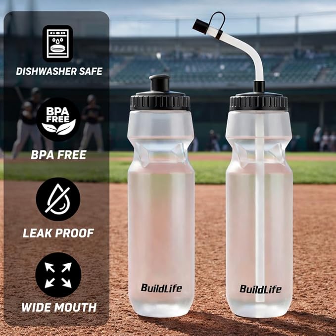 Hockey Water Bottle with Long Straw -32 OZ Squeeze Sports Water Bottles 2 Pack with 2 Lids Each(Straw and Squeeze),Lacrosse Water Bottle for Helmet Hockey,Football,Boxing,BPA Free,Dishwash Safe(Clear)