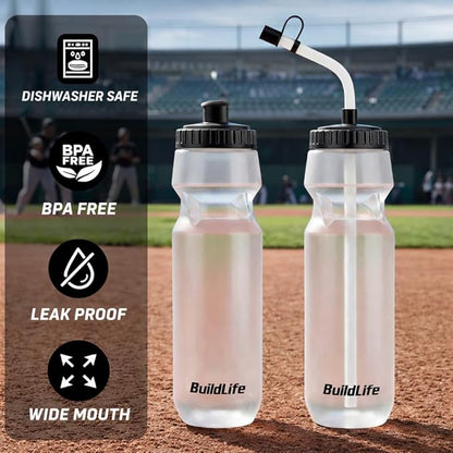 Hockey Water Bottle with Long Straw -32 OZ Squeeze Sports Water Bottles 2 Pack with 2 Lids Each(Straw and Squeeze),Lacrosse Water Bottle for Helmet Hockey,Football,Boxing,BPA Free,Dishwash Safe(Clear)