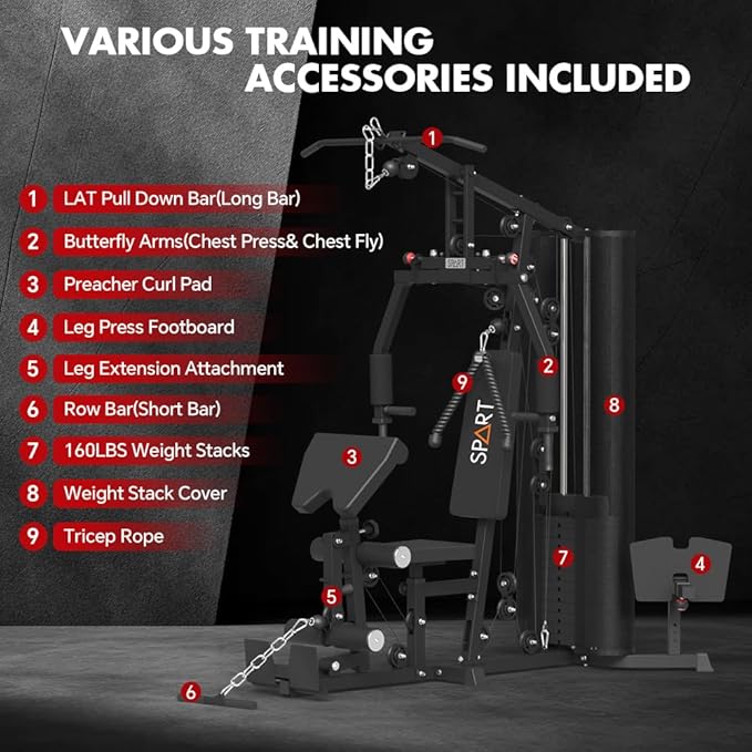 SPART Home Gym Station,Multifunctional Home Gym Workout Equipment,with 160LBS Weight Stack for Leg Press & Chest Fly, All in One Exercise Equipment Full Body Strength Training with Pulley System