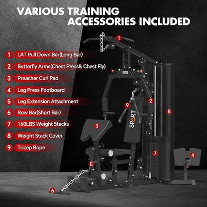 SPART Home Gym Station,Multifunctional Home Gym Workout Equipment,with 160LBS Weight Stack for Leg Press & Chest Fly, All in One Exercise Equipment Full Body Strength Training with Pulley System