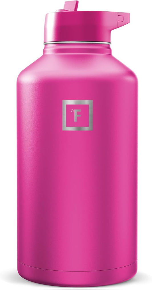 IRON °FLASK Camping & Hiking Hydration Flask with Straw, Wide Mouth Insulated Stainless Steel Sports Water Bottle - Pink Tulip 64 oz - Straw (1 Lid)