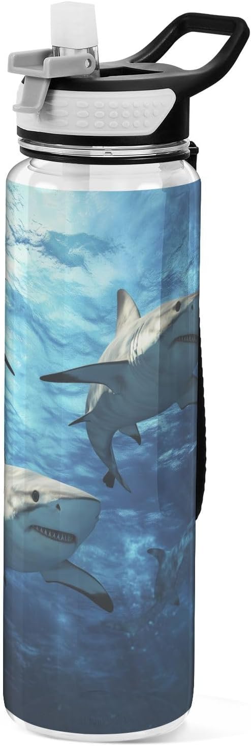 Fustylead Underwater Sharks Circling 32oz Water Bottle with Straw, Leakproof Clear Sport Water Bottles for Gym Camping Hiking Travel