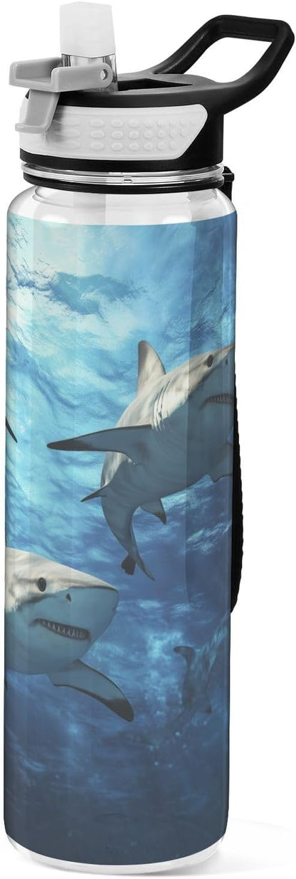 Fustylead Underwater Sharks Circling 32oz Water Bottle with Straw, Leakproof Clear Sport Water Bottles for Gym Camping Hiking Travel