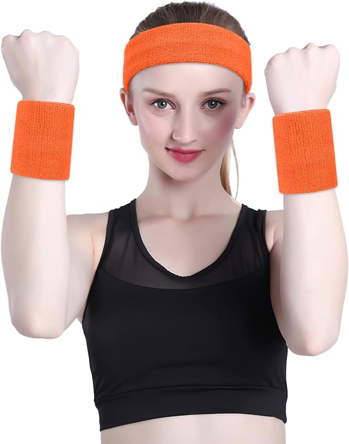 ONUPGO Sweatband Set Sports Headband Wristband Set Sweatbands Terry Cloth Wristband Wrist Sweatband Headbands Moisture Wicking Sweat Absorbing Head Band