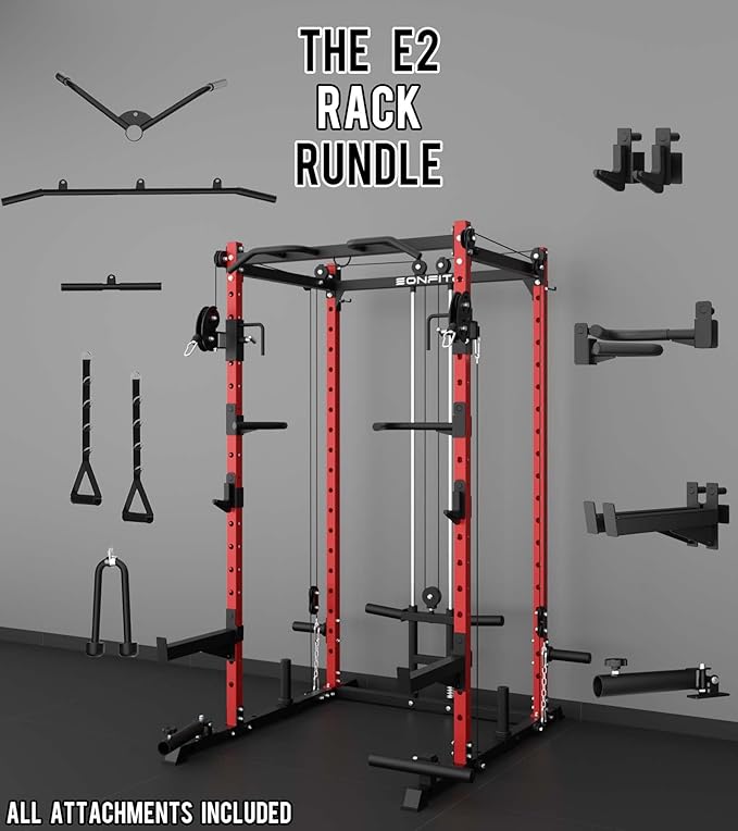 Eonfit E2 Power Cage，1500LB Squat Rack with Cable Crossover System.Multi-Function Power Rack for Home Gum.All-in-One Squat Rack with More Training Attachments