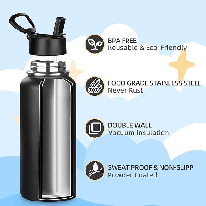 MEZMUT Insulated Water Bottle with Straw 32 oz Metal Water Bottle Leakproof Travel Stainless Steel Water Bottles Reusable Double Wall Gym Sports Cup Flask for Camping Hiking, Black