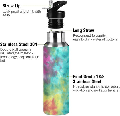 22 OZ Colorful Tie Dye Pattern Water Bottle with Straw - BPA Free Leakproof Stainless Steel Water Bottle for Women Men Water Jug for Fitness Gym Outdoor Sport
