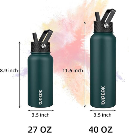 BJPKPK Insulated Water Bottles with Straw Lid, 27oz Stainless Steel Water Bottle with 3 Lids, Leak Proof BPA Free Metal Thermo, Mugs, Tumblers, Keep Cold Hot - Army Green