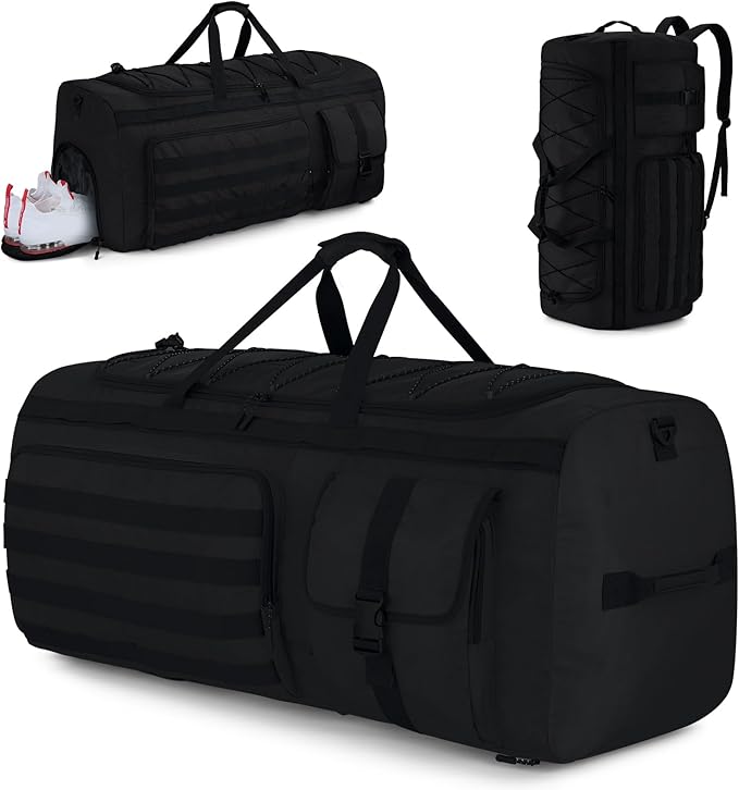 Gonex 90L Large Duffel Bag for Men, Heavy Duty 3 in 1 Convertible Carry Travel Sports Duffle, with Tactical Loops, Shoe Compartment(Black)