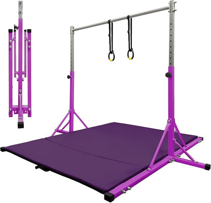 Gymnastics Bar for Kids Girls Ages 3-15 with Ring for Home Indoor Training Equipment- Steady Steel Construction, Anti-Slip, Easy to Assemble, 3' to 5' Adjustable Height
