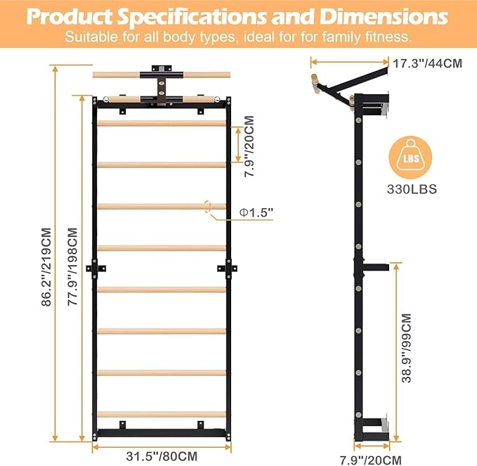 Swedish Ladder, Wood Stall Bars Suspension Trainer with Pull-Up Bar & Rings for Straps, Swedish ladders Wall Gym Adult, Wall-Mounted Workout Ladder for Home, Gym, School and Clinics