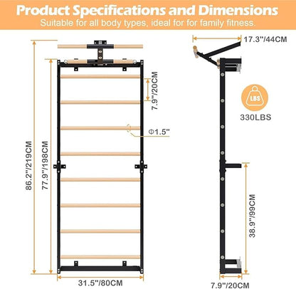 Swedish Ladder, Wood Stall Bars Suspension Trainer with Pull-Up Bar & Rings for Straps, Swedish ladders Wall Gym Adult, Wall-Mounted Workout Ladder for Home, Gym, School and Clinics