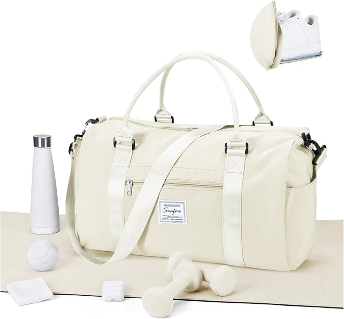 Gym Bag for Women Men with Shoes Compartment and Wet Pocket,Sport Swimming Yoga Bag,Waterproof Travel Duffel Bag Small Carry on Bag Overnight Weekender Bags Personal Item Bag for Airlines Cream White