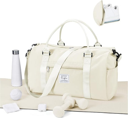 Gym Bag for Women Men with Shoes Compartment and Wet Pocket,Sport Swimming Yoga Bag,Waterproof Travel Duffel Bag Small Carry on Bag Overnight Weekender Bags Personal Item Bag for Airlines Cream White