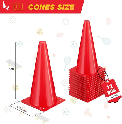 12 Inch Durable Cones,12pcs Versatile Plastic Traffic Cones and Soccer Cones for Sports Training,Agility Drills,Parking Safety,Basketball Training,Football Training.
