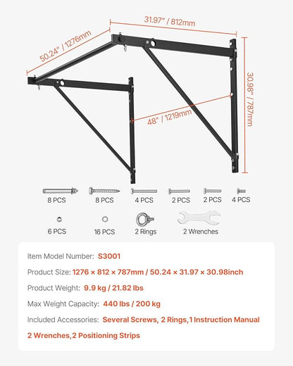 VEVOR Pull Up Bar, Multi-Grip Wall Mounted Pull Ups, 50 in Width Multifunctional Chin Up Training Station, Heavy Duty Steel Upper Body Workout Bars with Hangers, 440 lbs Weight Capacity, for Home Gym