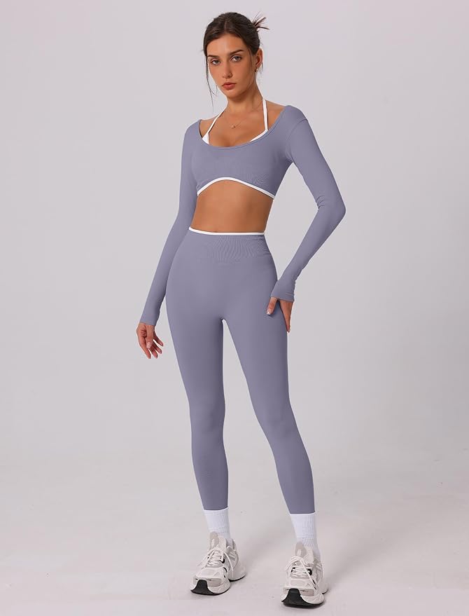 ABOCIW Workout Sets for Women Long Sleeve Crop Top Scrunch Butt Lifting High Waist Leggings 2 Piece Gym Yoga Outfits