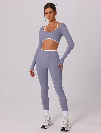 ABOCIW Workout Sets for Women Long Sleeve Crop Top Scrunch Butt Lifting High Waist Leggings 2 Piece Gym Yoga Outfits
