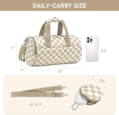 Mini Gym Bag for Women Girls Cute Small Duffle Bag 12'' with Multifunctional Pockets Workout Sport Bags Dance,Fitness,Yoga (Brown-white checkered)
