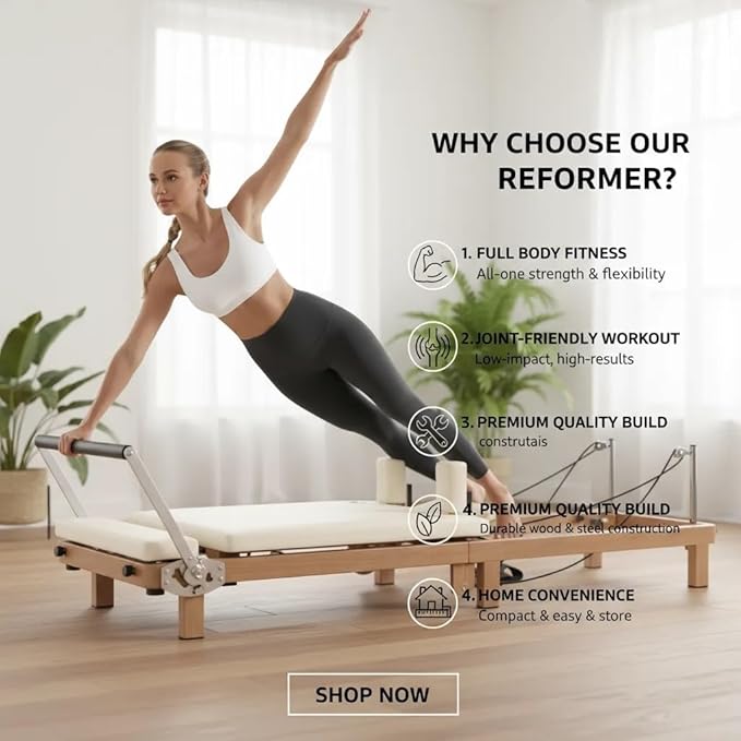Foldable Pilates Reformer & Pilates Square Box Set–90% Pre-Assembled Home Gym Women Men Workouts Bundle, Dual Resistance System (Springs + Latex), Jumpboard & Adjustable Foot Bar for All Levels