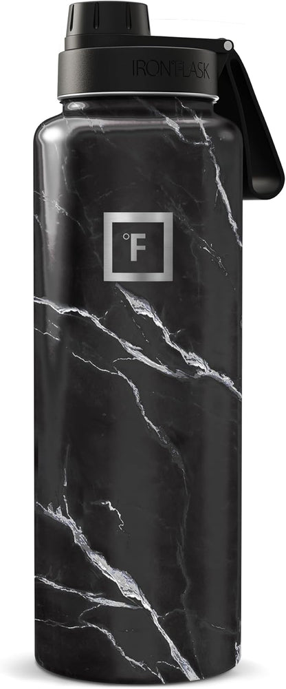IRON °FLASK Camping & Hiking Hydration Flask with Spout, Wide Mouth Insulated Stainless Steel Sports Water Bottle - Black Marquina 40 oz - Spout (1 Lid)
