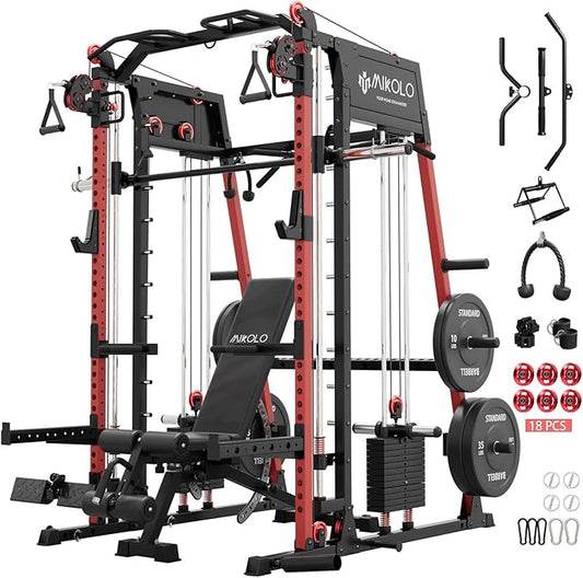Mikolo M4 2.0 Smith Machine, All-in-One Home Gym Power Cage with LAT Pulldown & Cable Crossover, Squat Rack for Full Body Workouts