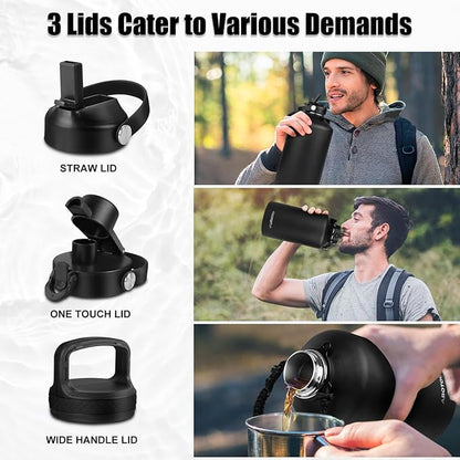 Gallon Water Bottle Insulated Keep Cold24H & Hot12H, Large 1 Water Bottle Gallon with Straw Lids&Paracord Handle, 128oz Water Bottle Double Wall Leak-proof BPA Free with Powder Coated