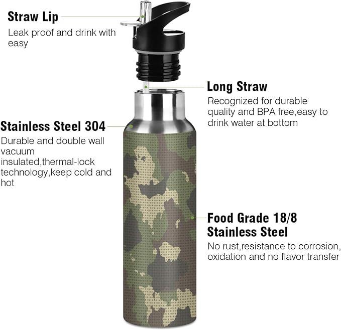 Camouflage Camo Point Water Bottle Vacuum Insulated Stainless Steel Mug Kids Water Bottle with Straw and Handle Keep Hot Cold Sport Bike Fit Travel Outdoor 20 oz