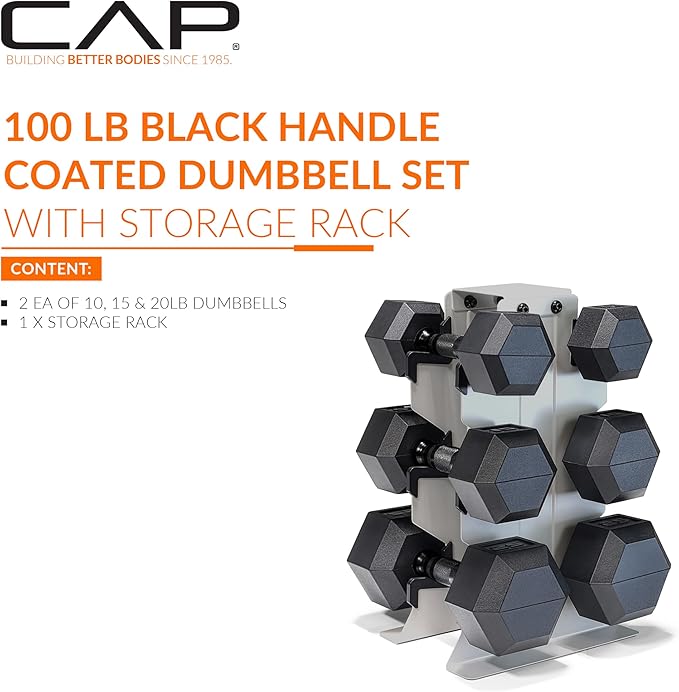 CAP Barbell Rubber Coated Hex Dumbbell Set with Vertical Rack | 100-300 lbs Free Weights Dumbbells Set for Home Gym | Multiple Options