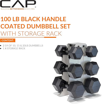 CAP Barbell Rubber Coated Hex Dumbbell Set with Vertical Rack | 100-300 lbs Free Weights Dumbbells Set for Home Gym | Multiple Options