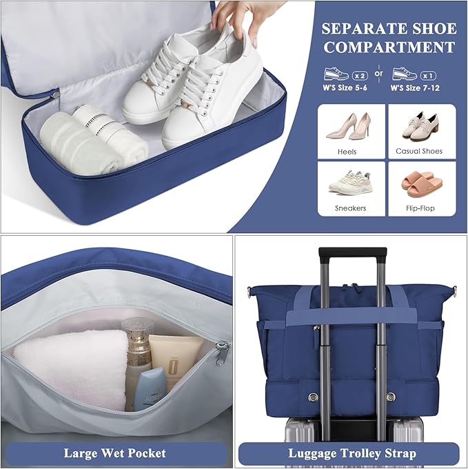 ETRONIK Gym Bag for Women, Personal Item Travel Bag with Shoes Compartment, Weekender Overnight Duffel Bag with Wet Pocket & USB Charging Port, Carry On Bag for Women, Travel, Gym, Weekend