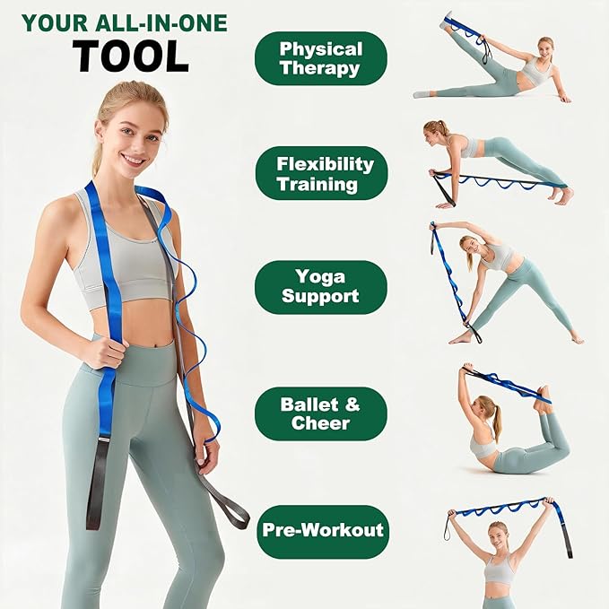 Stretching Strap with 10 Loops – Non-Elastic Yoga Strap for Physical Therapy, Knee Replacement Recovery & Plantar Fasciitis – Leg Stretcher Band for Flexibility & Hamstring Rehab