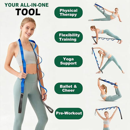 Stretching Strap with 10 Loops – Non-Elastic Yoga Strap for Physical Therapy, Knee Replacement Recovery & Plantar Fasciitis – Leg Stretcher Band for Flexibility & Hamstring Rehab