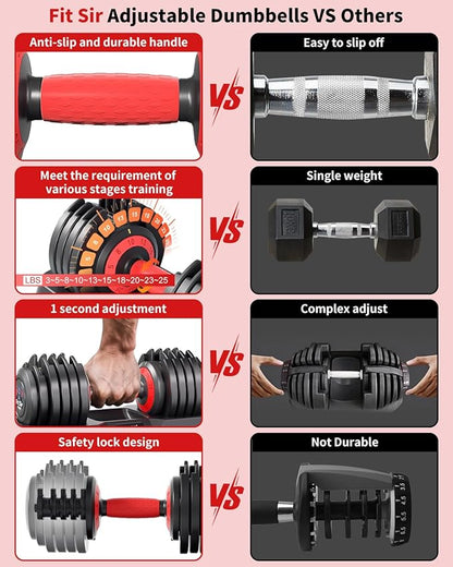 Adjustable Dumbbell Set, 10-in-1 25LB/55LB Ajustable Dumbbells with Safe Locking System, Enclosed Storage Tray, 1 Sec Fast Adjustment, Comfortable Non-Slip Textured Grip, Suitable for Home Gym Workouts Men and Women