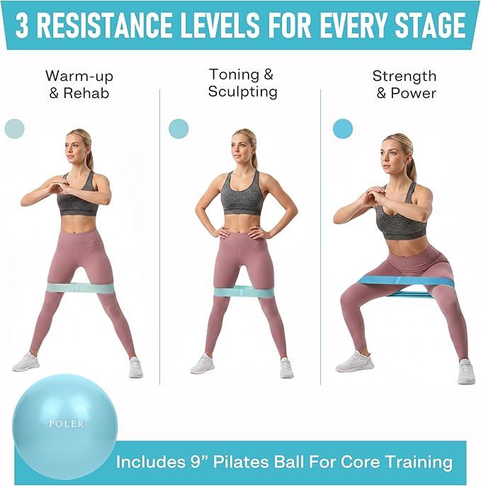 Poler Fit Kit: Fabric Resistance Bands Kit with 3 Levels (Light, Medium, Heavy) + 9″ Pilates Ball for Home Workouts – Exercise Bands Set for Strength Training, Pilates, Yoga, Glutes, Legs & Full Body