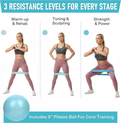Poler Fit Kit: Fabric Resistance Bands Kit with 3 Levels (Light, Medium, Heavy) + 9″ Pilates Ball for Home Workouts – Exercise Bands Set for Strength Training, Pilates, Yoga, Glutes, Legs & Full Body
