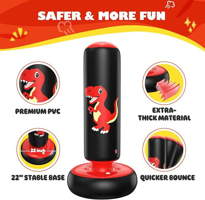 QPAU Inflatable Punching Bag, 48 Inch Stable Inflatable Boxing Bag for 3-6 Kids,Dinosaur Toy & Gifts for Boys and Girls, Kids Boxing Set for Practicing Karate, Taekwondo