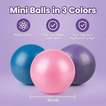 3 PCS Small Exercise Ball - 9 Inch Pilates Ball Small Yoga Ball for Stability, Physical Therapy, Fitness, Core Strength and Stretching at Home Gym Office with Inflation Straw