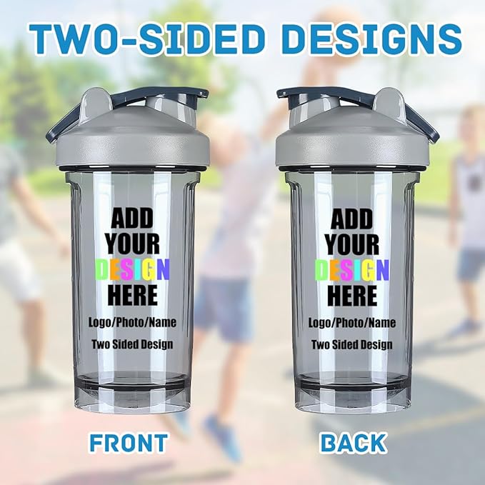 18 Oz Shaker Bottles for Gym, Custom Shaker Bottles with Your Name Photo, Customized Shaker Bottle with Logo for Indoor/Outdoor Workout, Gray