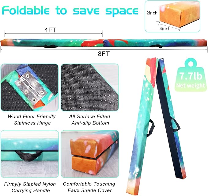 8FT Folding Balance Beam -Gymnastics Floor Beam -Gymnastics Equipment for Kids,Wood core- Anti-Slip Bottom and Carrying Bag for Home