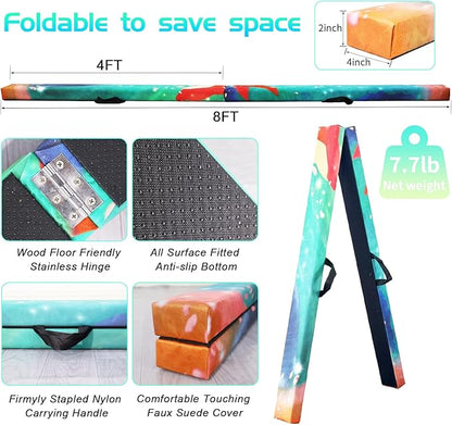 8FT Folding Balance Beam -Gymnastics Floor Beam -Gymnastics Equipment for Kids,Wood core- Anti-Slip Bottom and Carrying Bag for Home