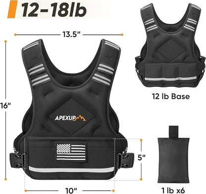 APEXUP Adjustable Weighted Vest, 4-10lb/12-18lb/20-32lb Vest with 6 Ironsand Weights and Large Pocket, Weight Vest for Men Women Strength Training, Running, Walking