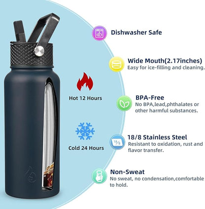 BJPKPK Insulated Water Bottles with Straw Lid, 32oz Metal Large Water Bottle with 3 Lids, Reusable Leak Proof BPA Free Thermo, Stainless Steel Tumblers for Sports, Gym, Travel-Navy Blue