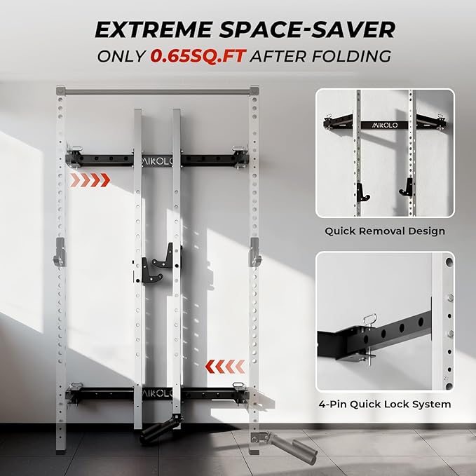 Mikolo 2" x 2" Folding Wall Mounted Squat Rack, 1000 Pounds Capacity Power Rack with Pull Up Bar, J Hooks and Other Attachments, Space-Saving Home Gym