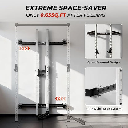 Mikolo 2" x 2" Folding Wall Mounted Squat Rack, 1000 Pounds Capacity Power Rack with Pull Up Bar, J Hooks and Other Attachments, Space-Saving Home Gym