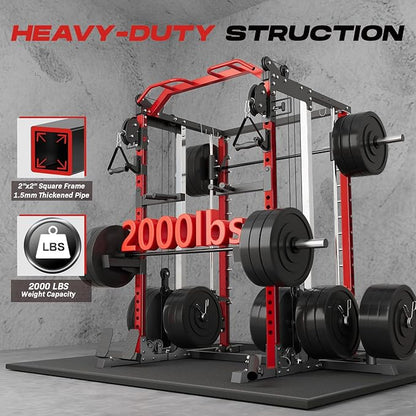 Power Cage Home Gym, Dual Pulley Cable Crossover System, All-in-One Squat Power Rack with Strength Training Attachments for Full-Body Workouts