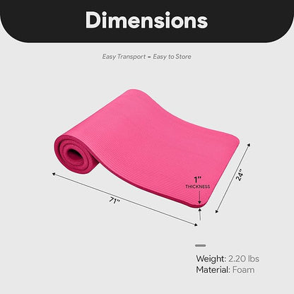 BalanceFrom 71x24 Inches Extra Thick Yoga Mat 1-Inch High-Density Foam – Roll-Up Exercise Pad with Double-Sided Non-Slip Surface and Carrying Strap for Pilates and Home Workouts, Multiple Colors