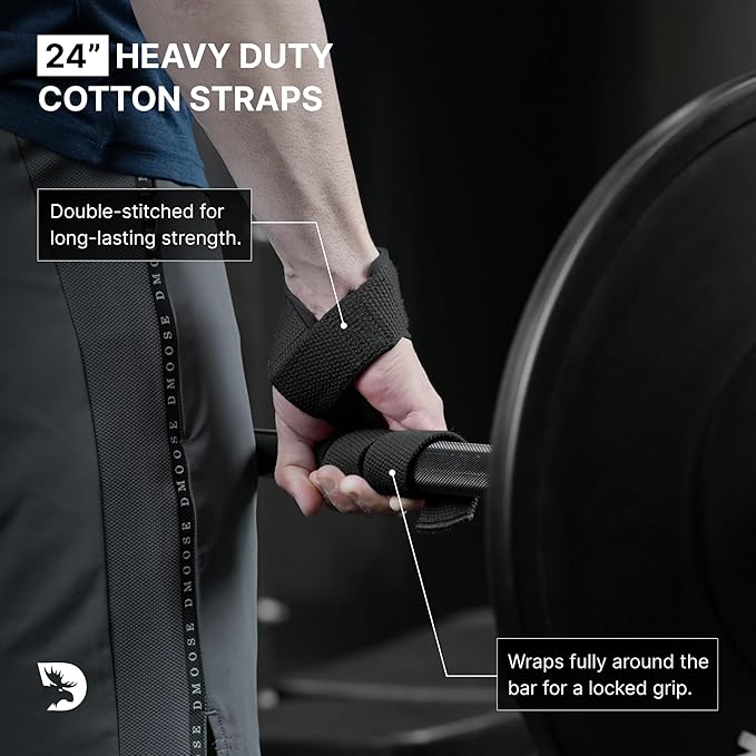 DMoose Fitness Lifting Straps 24" (Pair) - 5mm Padded Durable Wrist Straps for Weightlifting & Powerlifting - Cotton Lifting Strap with Silicone Grip for Men & Women - Deadlift Strap for Gym Workout